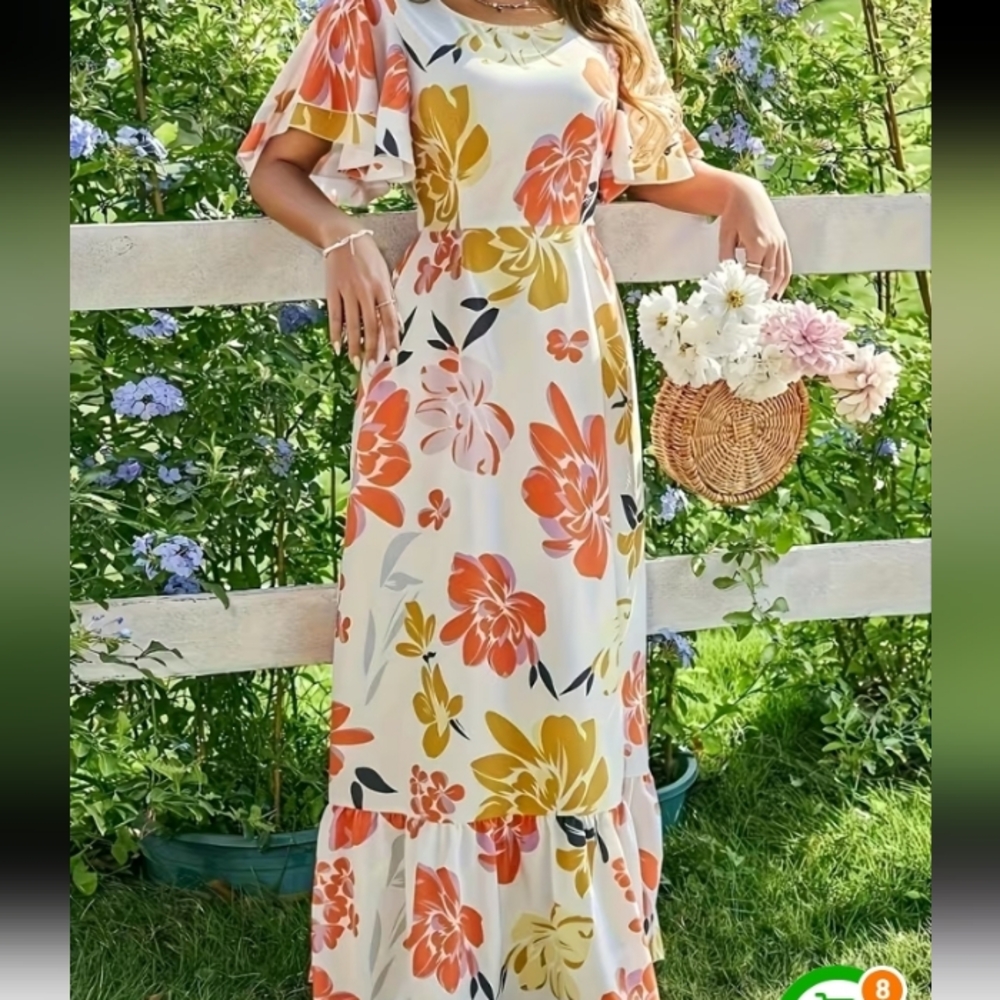 Floral Maxi Dress in Orange and Yellow.